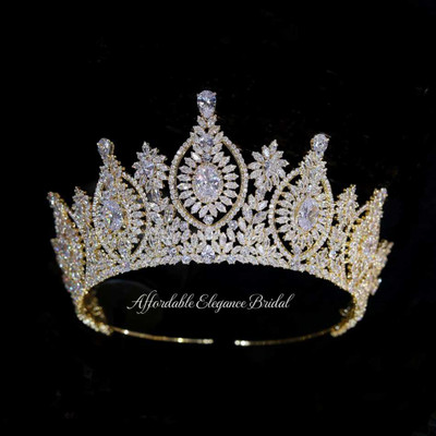 Regal 2 2/3" Tall CZ Gold or Rose Gold Wedding and Quinceanera Tiara Regal 2 2/3" Tall CZ Gold or Rose Gold Wedding and Quinceanera Tiara