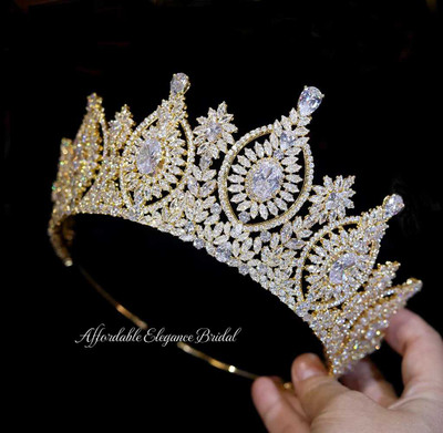 Regal 3" Tall CZ Gold Wedding and Quinceanera Tiara