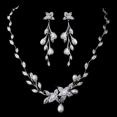 Freshwater Pearl and CZ Wedding Necklace and Earring Jewelry Set Freshwater Pearl and CZ Wedding Necklace and Earring Jewelry Set