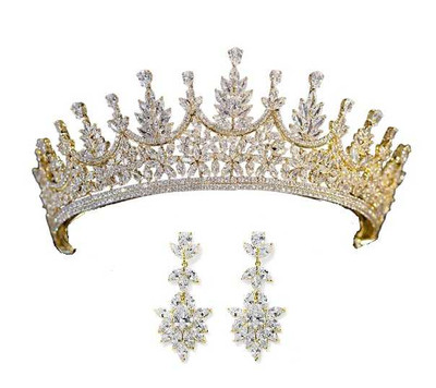 Gold Multi-Peak CZ Wedding and Quince Tiara with Earrings