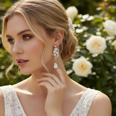 Stunning CZ and Pearl Wedding Drop Earrings E499S