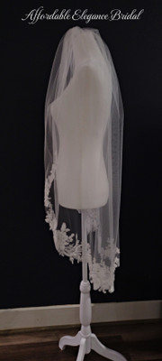 42" Long Fingertip Wedding Veil with Floral Beaded Lace V3251U 42" Long Fingertip Wedding Veil with Floral Beaded Lace V3251U