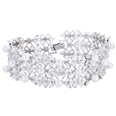 CZ and Pearl Floral Wedding Bracelet in Silver Plating CZ and Pearl Floral Wedding Bracelet in Silver Plating