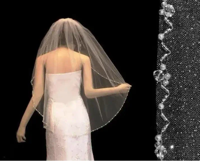 Glitter Tulle Pearl and Crystal Fingertip Wedding Veil V3072D
