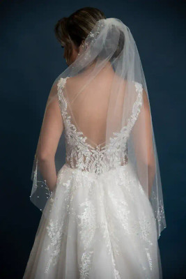 Fingertip Wedding Veil with Floral Swirl Beaded Edge Fingertip Wedding Veil with Floral Swirl Beaded Edge