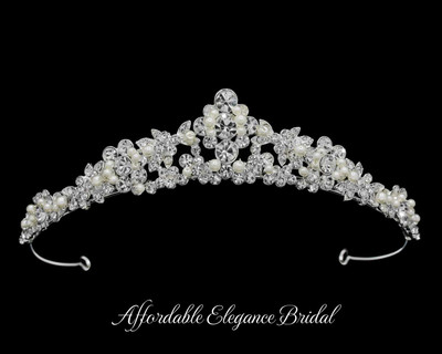Pearl and Crystal Silver Plated Wedding Tiara hp65811 Pearl and Crystal Silver Plated Wedding Tiara hp65811