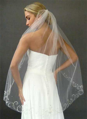 Decorative Beaded Scroll Motif Fingertip Wedding Veil V2323
