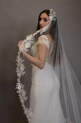 165" Mantilla Crystal Beaded Lace Regal Cathedral Wedding Veil E1369RC