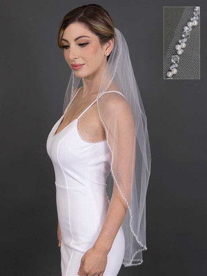 Pearl and Crystal Beaded Edge Fingertip Length Wedding Veil 4682V Pearl and Crystal Beaded Edge Fingertip Length Wedding Veil 4682V