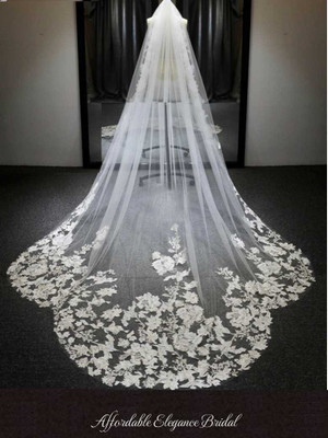 Scalloped Royal Cathedral Wedding Veil with Sequined Floral Lace V1111 Scalloped Royal Cathedral Wedding Veil with Sequined Floral Lace V1111