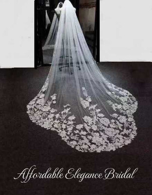 Scalloped Royal Cathedral Wedding Veil with Sequined Floral Lace V1111