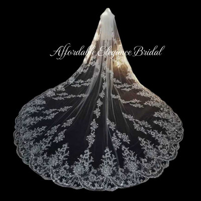 Stunning 156" Regal Cathedral Wedding Veil with Sequined Floral Lace Stunning 156" Regal Cathedral Wedding Veil with Sequined Floral Lace