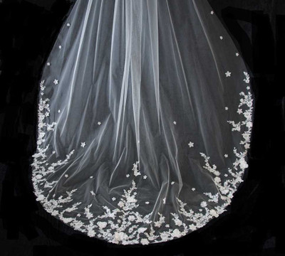 Royal Cathedral Wedding Veil with Beaded Lace and 3D Flowers CF285