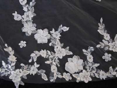Royal Cathedral Wedding Veil with Beaded Lace and 3D Flowers CF285