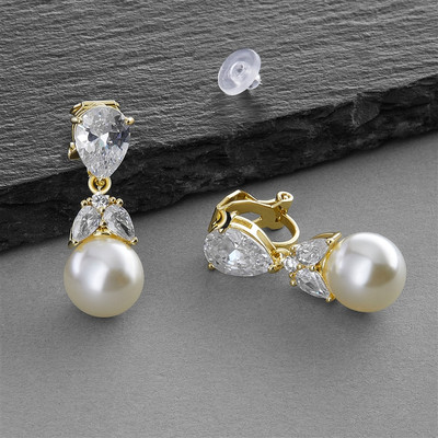 14K Gold CZ and Cream Pearl Bridal Earrings - 