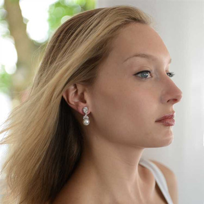 CZ and Cream Pearl Bridal Earrings - Pierced or Clip On CZ and Cream Pearl Bridal Earrings - Pierced or Clip On