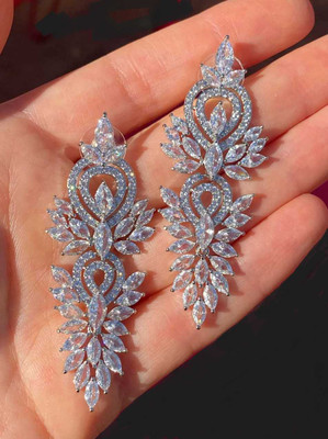 Fabulous 2 1/2" Long CZ Silver Plated Wedding and Prom Earrings