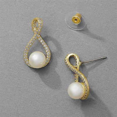Eternity Symbol CZ and Pearl Bridal Earrings in Gold