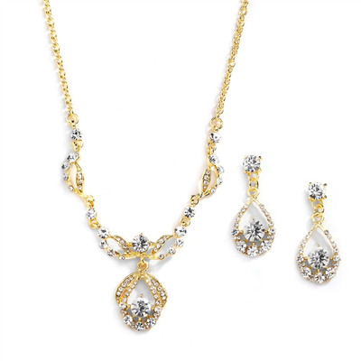 14K Gold Plated Vintage Look Crystal Bridal Jewelry Set