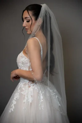 Pearl Beaded Fingertip Wedding Veil V754 in White or Ivory