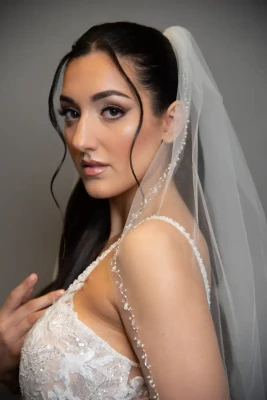 Pearl Beaded Fingertip Wedding Veil V754 in White or Ivory