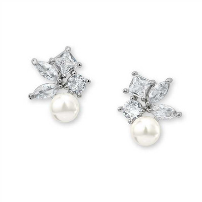Multi-Shaped CZ and Ivory Pearl Bridal Earrings