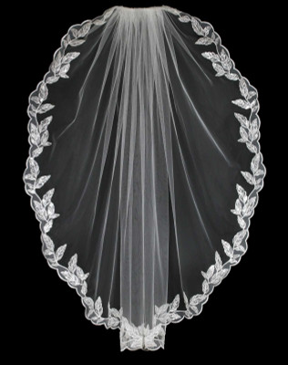 Fingertip Wedding Veil with Beaded Leaf Lace V3700