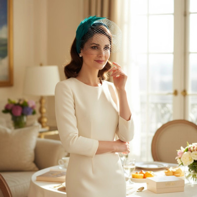 Emerald Green Birdcage Veil with Feather Headband Fascinator