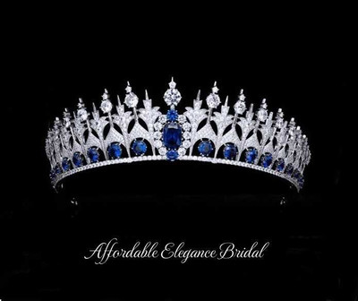 Sapphire Blue CZ Royal Replica Wedding Tiara Crown and Jewelry Sapphire Blue CZ Royal Replica Wedding Tiara Crown and Jewelry
