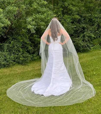 Glitter Tulle Royal Cathedral Wedding Veil With Pearls and Rhinestones