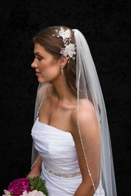 Glitter Tulle Fingertip Wedding Veil with Crystal and Sequin Edge Glitter Tulle Fingertip Wedding Veil with Crystal and Sequin Edge