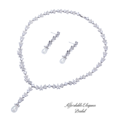 Elegant Pearl and CZ Platinum Plated Wedding Jewelry Set Elegant Pearl and CZ Platinum Plated Wedding Jewelry Set