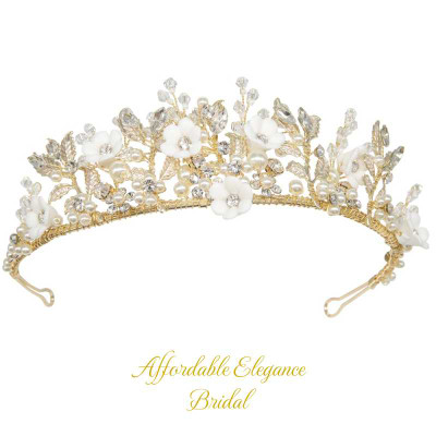 Gold Plated Porcelain Flower Crystal and Pearl Wedding Tiara Gold Plated Porcelain Flower Crystal and Pearl Wedding Tiara