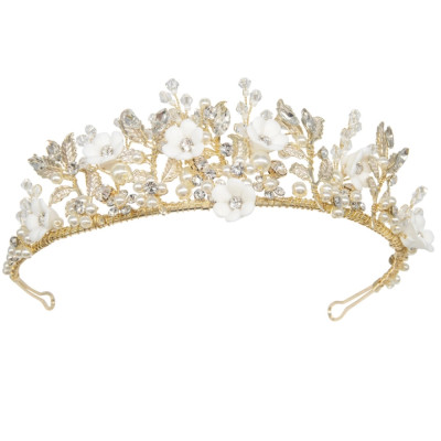 Gold Plated Porcelain Flower Crystal and Pearl Wedding Tiara