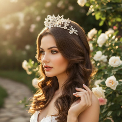 Gold Plated Porcelain Flower Crystal and Pearl Wedding Tiara