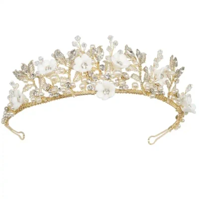Gold Plated Porcelain Flower Crystal and Pearl Wedding Tiara
