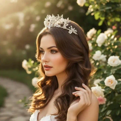 Gold Plated Porcelain Flower Crystal and Pearl Wedding Tiara