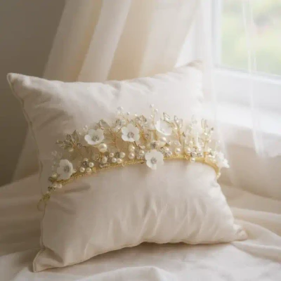 Gold Plated Porcelain Flower Crystal and Pearl Wedding Tiara
