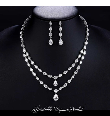 Two Layer CZ Silver Plated Wedding and Formal Jewelry Set