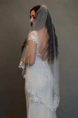 Sparkling Beaded Lace Knee Wedding Veil Elena Designs E1372 Sparkling Beaded Lace Knee Wedding Veil Elena Designs E1372