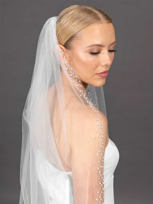 Crystal and Pearl Beaded Knee Length Wedding Veil V4715 Crystal and Pearl Beaded Knee Length Wedding Veil V4715