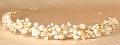 Gold Plated Floral Pearl Bridal Headband Tiara Envogue T2519 Gold Plated Floral Pearl Bridal Headband Tiara Envogue T2519