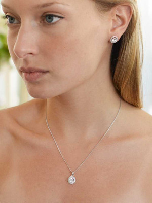 Silver Platinum Plated Halo CZ Bridal and Prom Jewelry Set