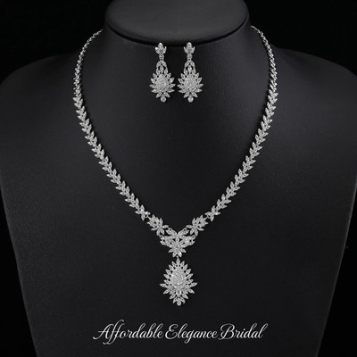 Elegant Rhodium Silver Plated CZ Drop Bridal Jewelry Set