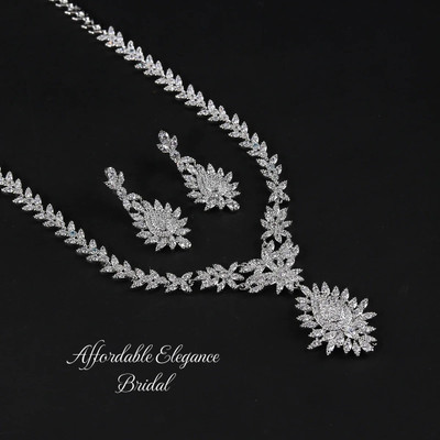 Elegant Rhodium Silver Plated CZ Drop Bridal Jewelry Set