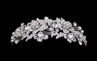 Pearl and CZ Wedding Headband in Silver or Gold Plating Pearl and CZ Wedding Headband in Silver or Gold Plating