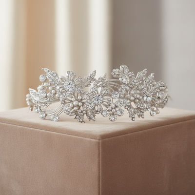 Elegant Pearl and CZ Wedding Headband in Silver or Gold Plating