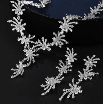 Silver Plated 3A CZ Bridal Jewelry Set with Drop Earrings