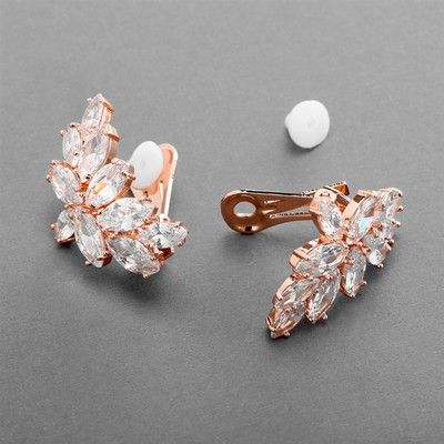 14K Rose Gold CZ Marquis Cluster Wedding Earrings - Pierced or Clip