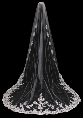 White Cathedral Wedding Veil with Pearl and Rhinestone Beaded Lace White Cathedral Wedding Veil with Pearl and Rhinestone Beaded Lace
